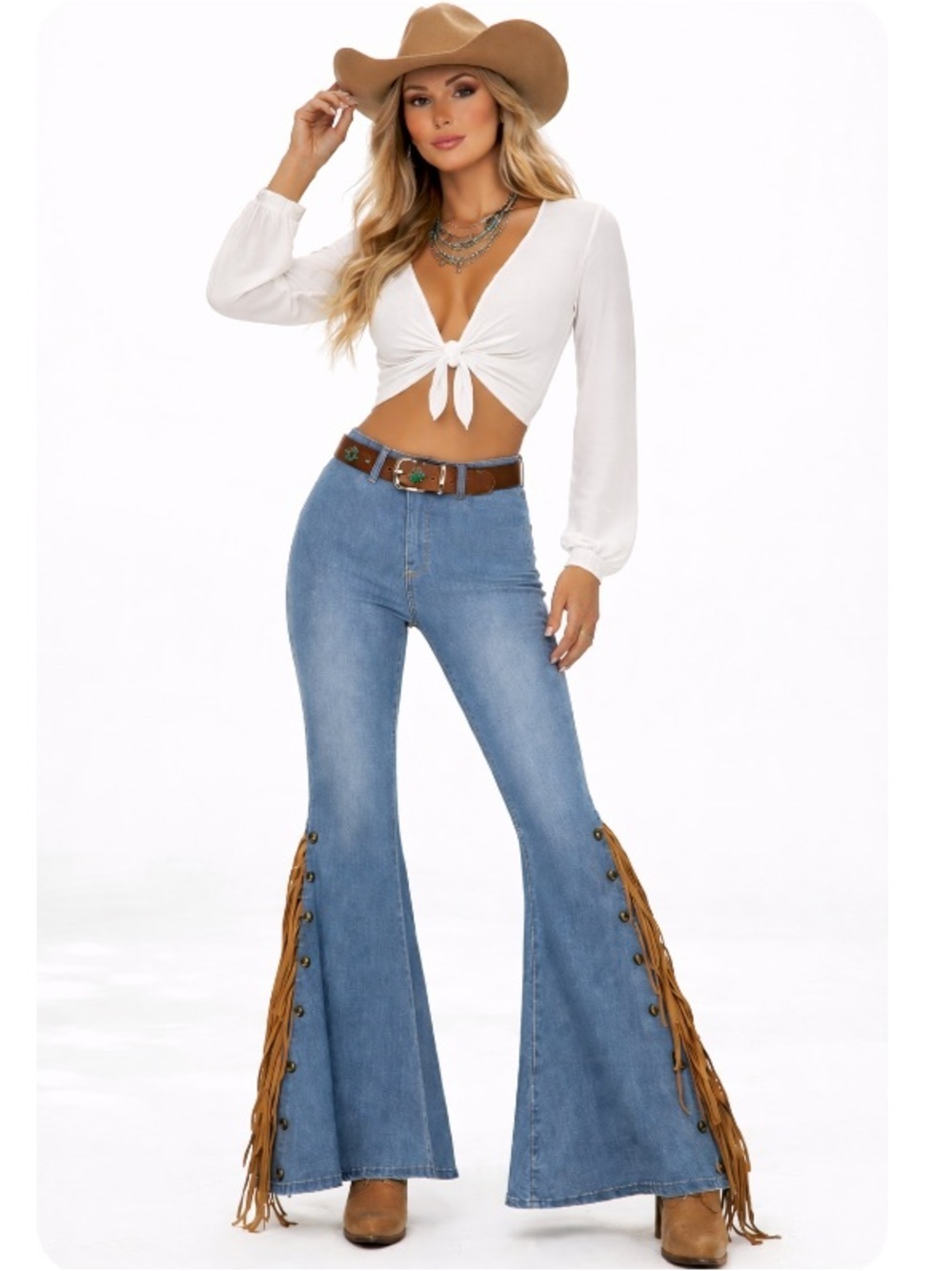 Fashion Express NEW Dramatic Long Fringe Bell Bottom Western Blue Jeans Size M